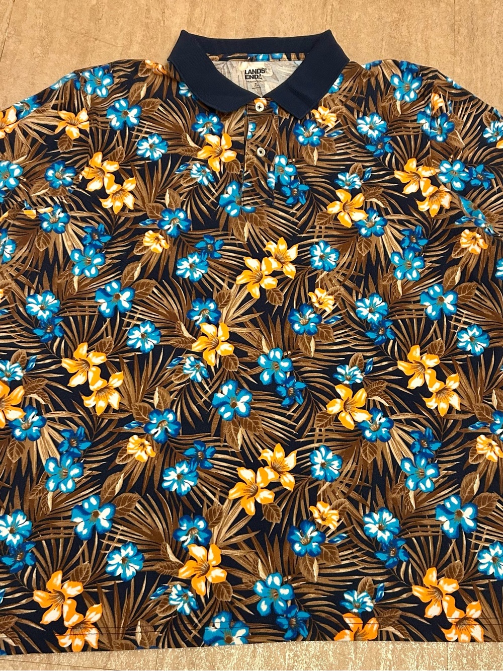 Lands' End Navy Polo with Blue and Yellow Floral Print XL